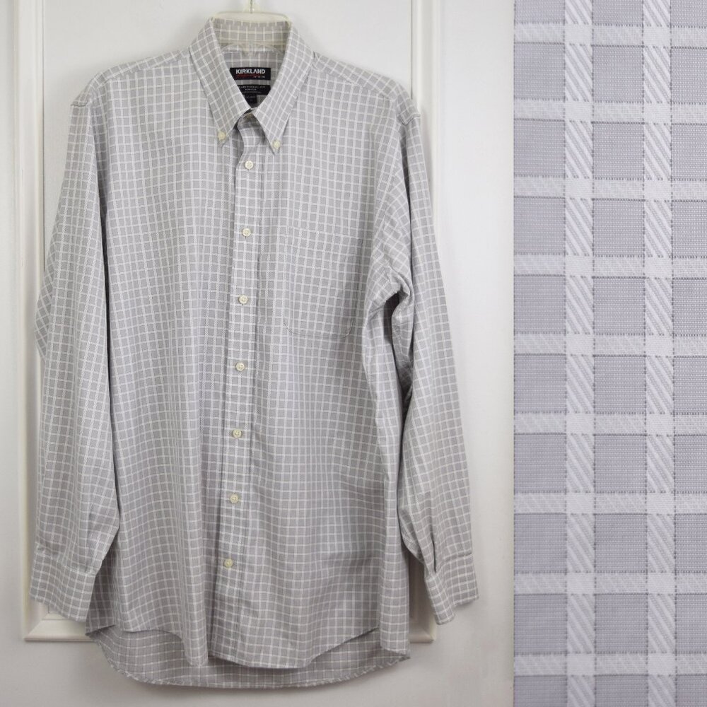 Kirkland Signature Dress Shirt Men Large Grey Plaid Non Iron Career Work Preppy